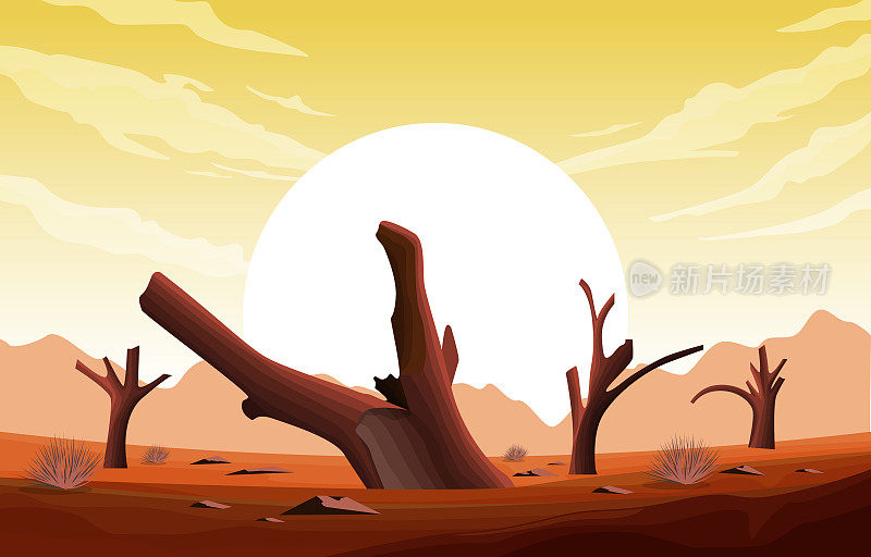 地平线天空美国西部死树广阔的沙漠景观插图
