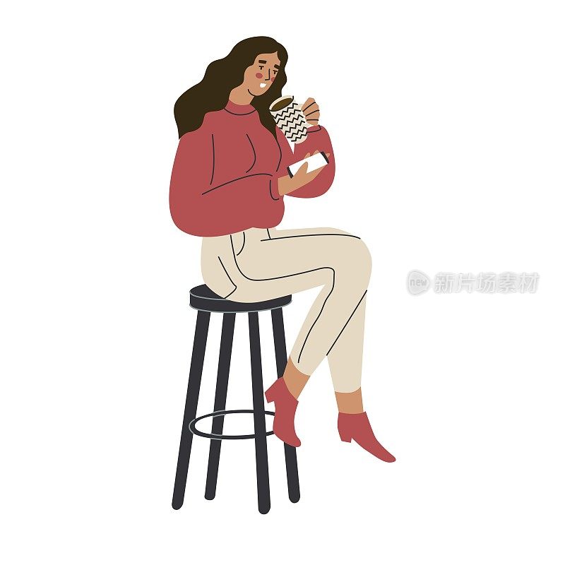 女孩坐在酒吧的凳子上，喝着咖啡，看着手机。椅子上的女士。商人的概念。酒吧、餐厅、咖啡馆的场景。手绘矢量插图。孤立。