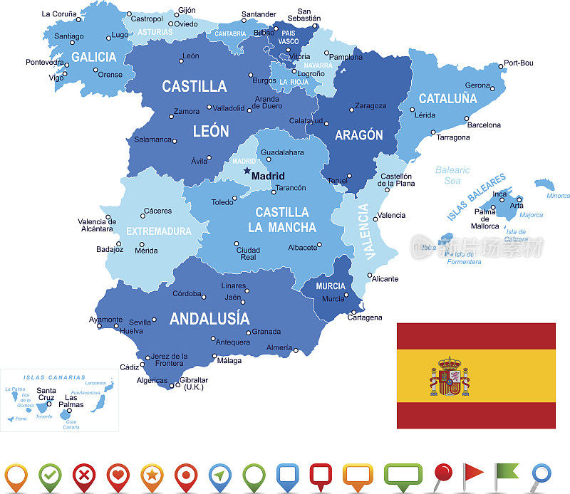 西班牙地图与导航图标和地图