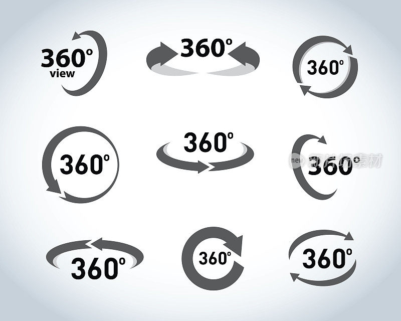 360度视图平面矢量图标。