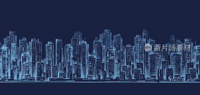 城市天际线夜景，手绘插图
