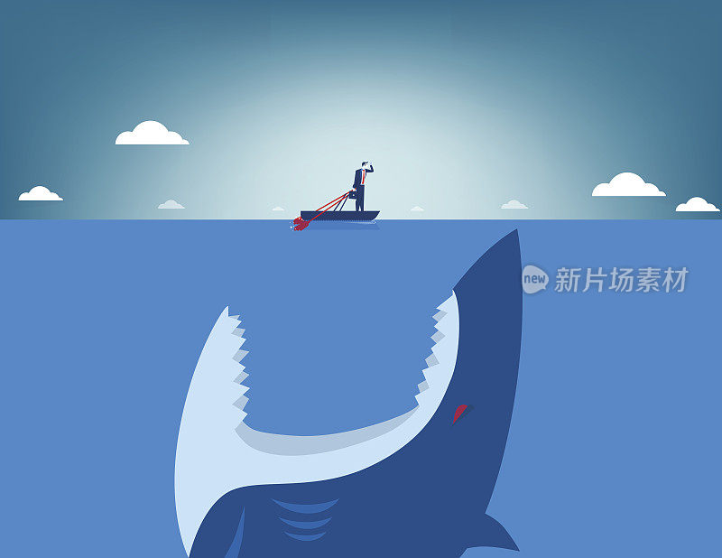 风险。鲨鱼攻击的商人。商业插画的概念。矢量平面