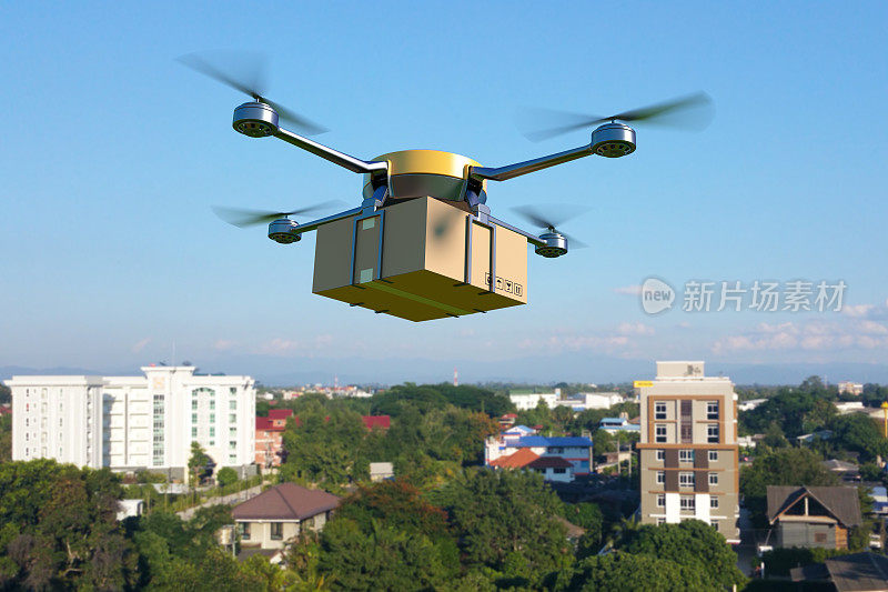 带着纸板箱的送货无人机飞过小镇上空。