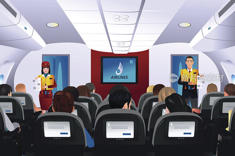 空乘人员向乘客展示安全程序