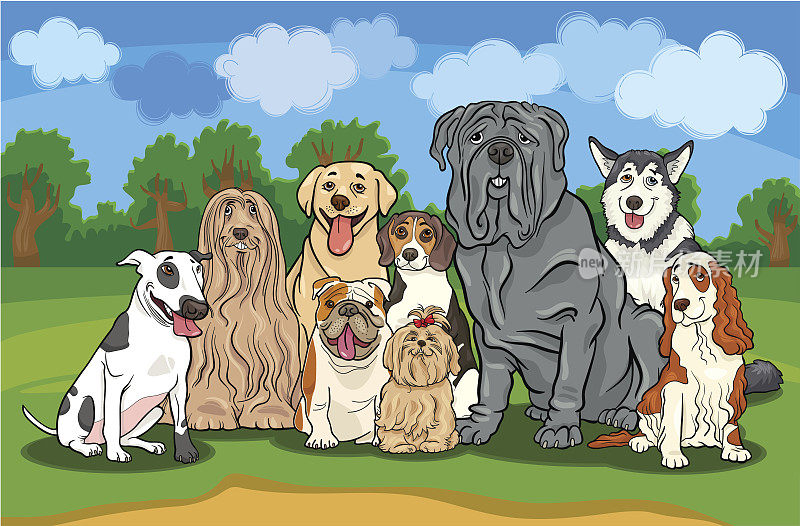 纯种犬群卡通插图