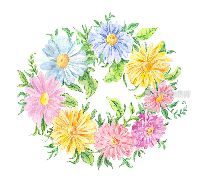 水彩绘画。粉红色、蓝色和黄色花组成的花环