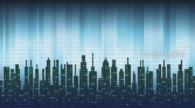数字城市。云中的二进制数据在抽象的天际线上，蓝色的高科技背景