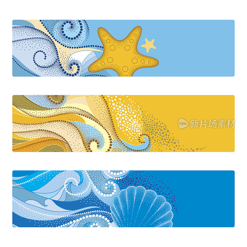 向量夏季设置与水平横幅在dotwork风格。抽象的斑点波，海贝，海星，卵石，漩涡孤立在白色背景。以海洋动物为主题的夏季设计。
