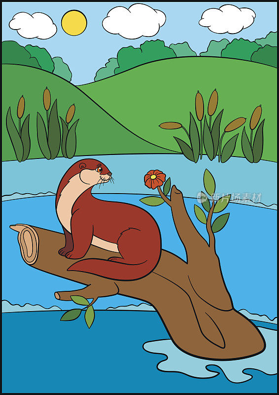 卡通动物。小水獭坐在河边的树枝上看花。