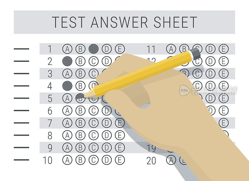 手用铅笔在考试答题卡上填写答案，平面风格矢量插图