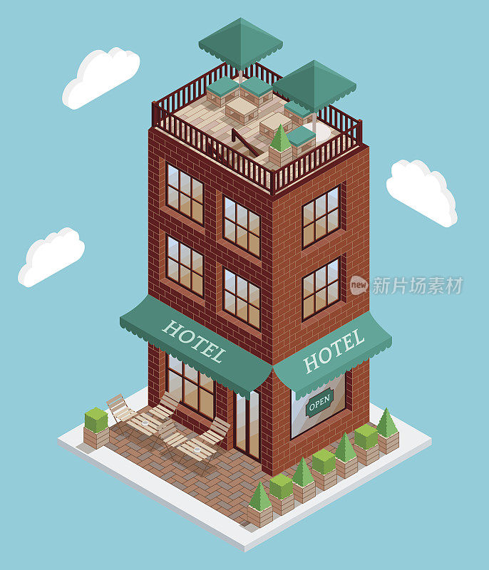 酒店图标矢量等距风格。平面3d设计中的插图。酒店建筑孤立元素。用于网页和游戏设计的城市建筑