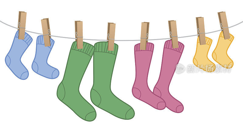 衣服线与羊毛袜子，家庭套装-不同的颜色和尺寸的父母和孩子。孤立的矢量漫画插图在白色的背景。