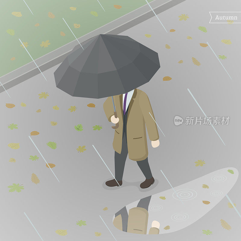 穿着棕色大衣，撑着一把伞的商人。人在雨中行走。大雨，暴风雨，大风。落叶。