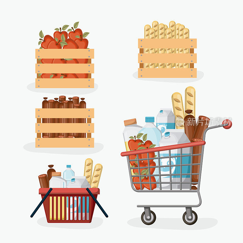 超市里摆放着五颜六色的货架和篮子，购物车里装着食品和饮料