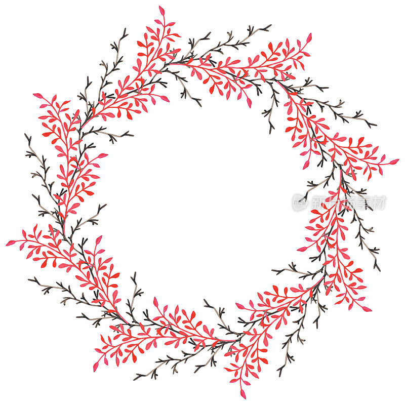 手绘水彩冬季花环与干和红的树枝