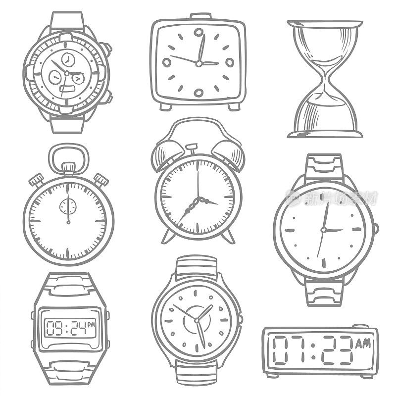 手绘手表，涂鸦素描手表，闹钟和时钟向量集