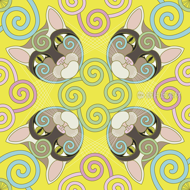 黄色螺旋猫(无缝图案)