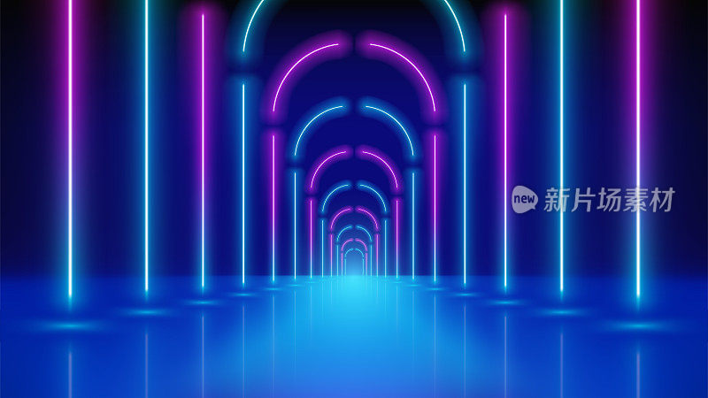 发光的霓虹灯线，隧道，引导街机。技术背景抽象，虚拟现实。粉红蓝紫走廊霓虹拱门，透视。紫外线明亮的光芒。矢量图