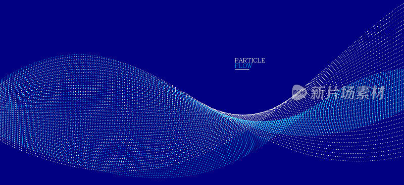 运动中的蓝色点暗向量抽象背景，粒子阵列波流，运动中的点的曲线线，技术和科学插图。