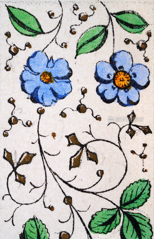 复古插图，蓝色花朵和绿叶花卉图案，艺术背景