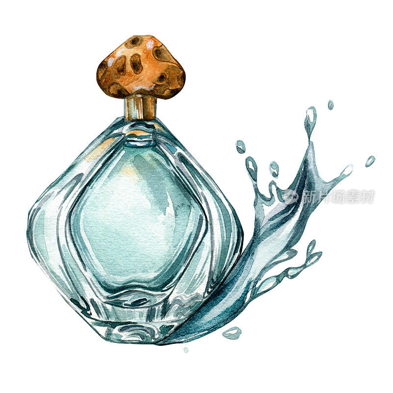 香水瓶与水溅水彩插图隔离