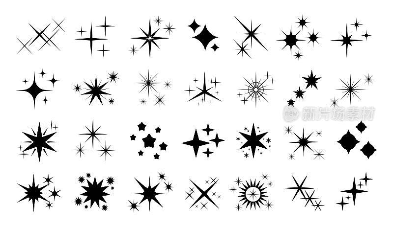 闪亮的星星图标，闪闪发光的标志圣诞庆祝。黑色星星火花形状，孤立辉光闪亮的图标为派对或节日贺卡活泼向量集