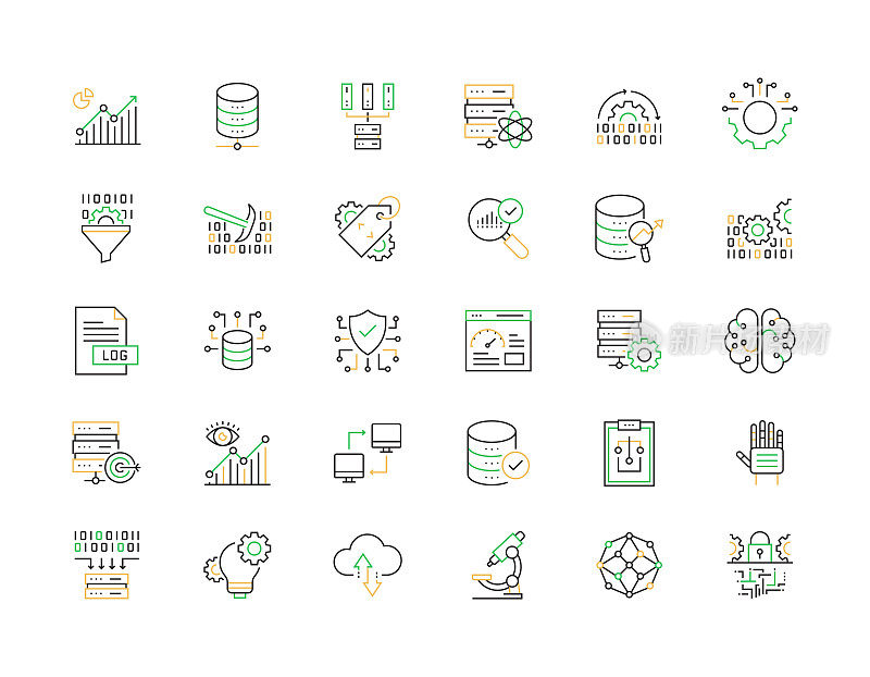 数据分析相关的矢量细线图标。大纲符号集合