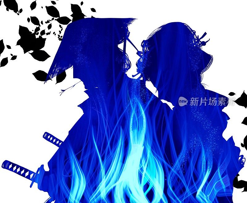 剪影插图的火焰拥抱一个悲伤的年轻武士和江户的一个城市女孩谁是说再见和白色背景悲伤