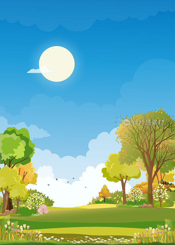以蓝天白云为背景的春日绿地景观，以清晨的草地为载体的春日祥和乡村自然。垂直漫画为春夏横幅