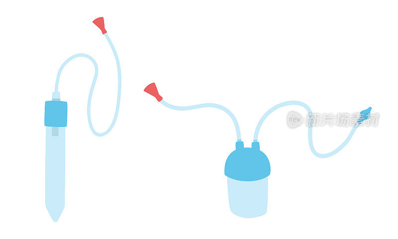 婴儿鼻子清洁器吸鼻器。简单可爱的蓝色婴儿吸鼻管平面矢量插图孤立在白色上。鼻泵，鼻吸盘卡通风格的图标。预防流感概念