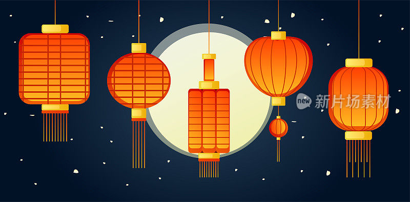 在元宵节的夜晚，中国的灯笼以月亮和星星为背景。元宵节和中国新年的矢量艺术。