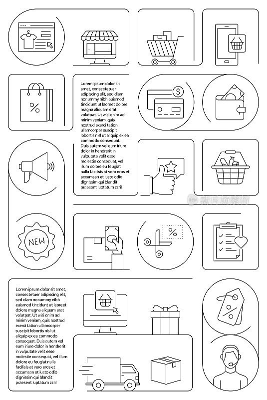 网上购物相关矢量横幅设计概念，现代线条风格与图标