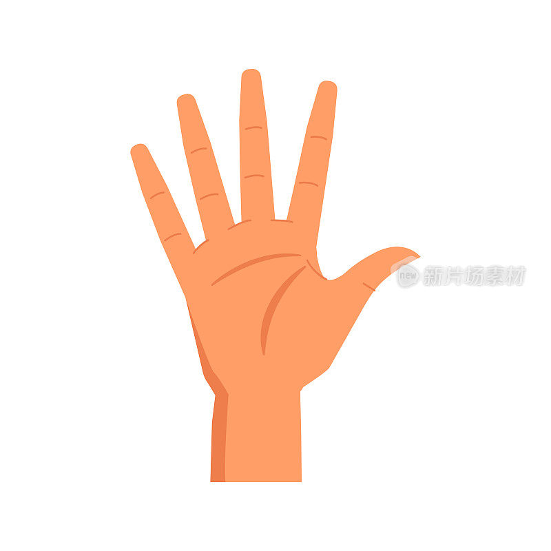 手指指向五号，单独的手势。借助手臂枚举和表示数字。非语言沟通。平面形式的矢量
