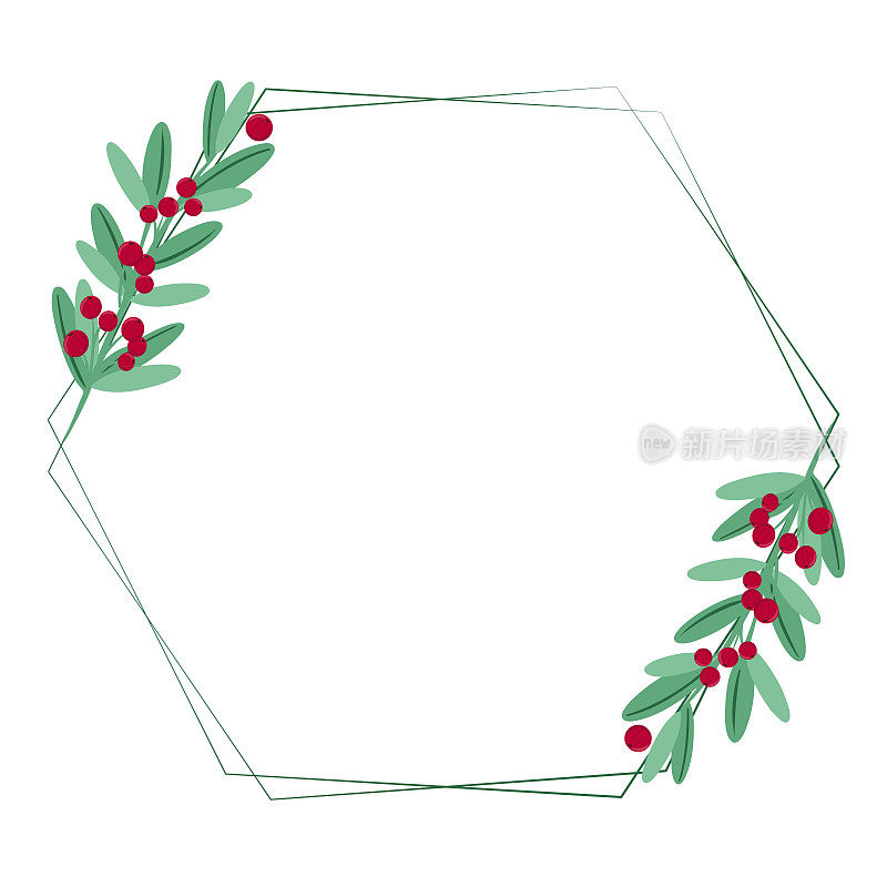 美丽的圣诞多边形框架与红色浆果和树叶，矢量插图
