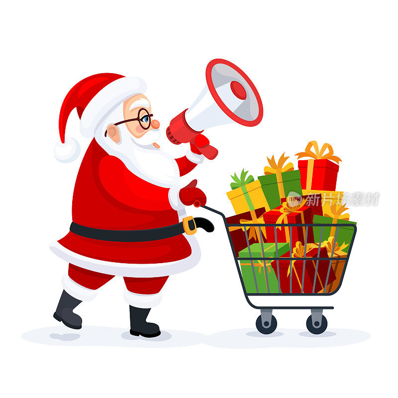 圣诞老人用扩音器。圣诞老人人物用购物车装满了礼品盒。