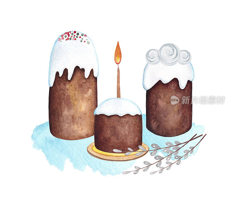 三个复活节蛋糕配蜡烛和柳树的插图