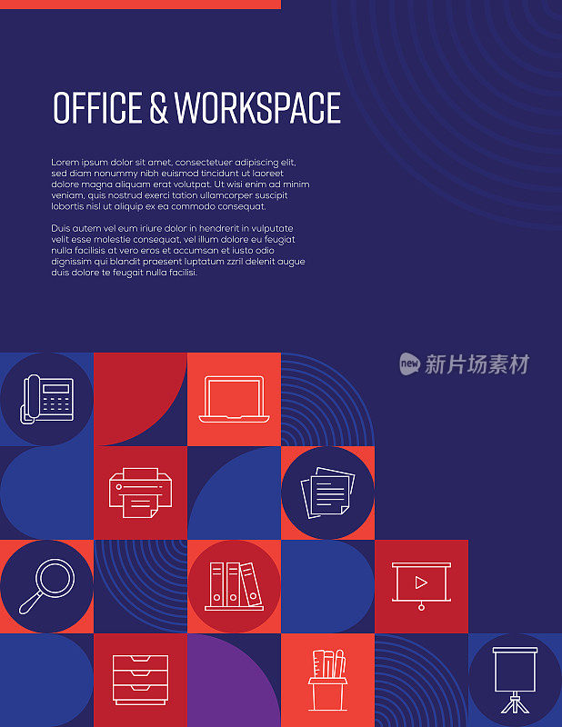 与直线图标有关的办公室和工作空间设计。简单的轮廓符号图标。