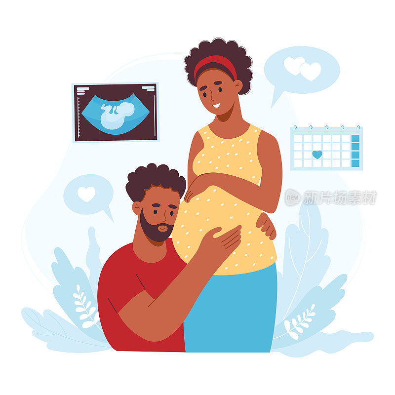 民族幸福的家庭。一对深色皮肤的夫妇怀孕了。孕妇和丈夫的第一张超声照片的孩子。矢量插图。非裔美国人未来的父母，怀孕的概念。