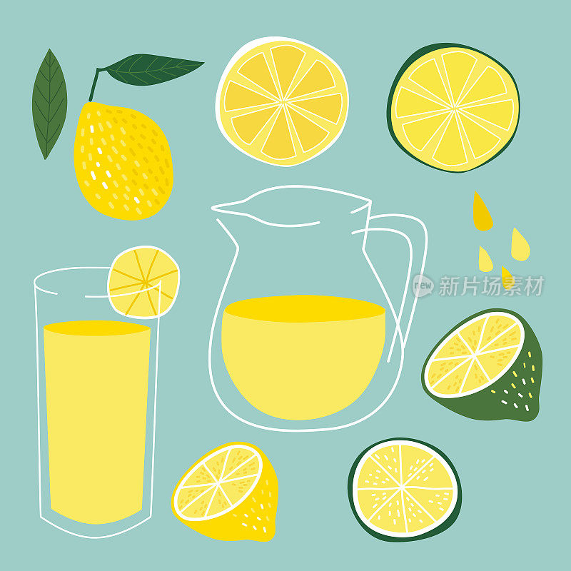 柠檬水和柑橘类水果。柠檬，酸橙，柠檬片，半个柠檬。剪辑艺术。