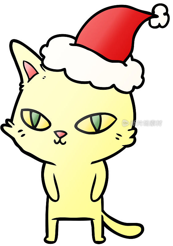 手绘渐变卡通猫明亮的眼睛戴着圣诞老人的帽子