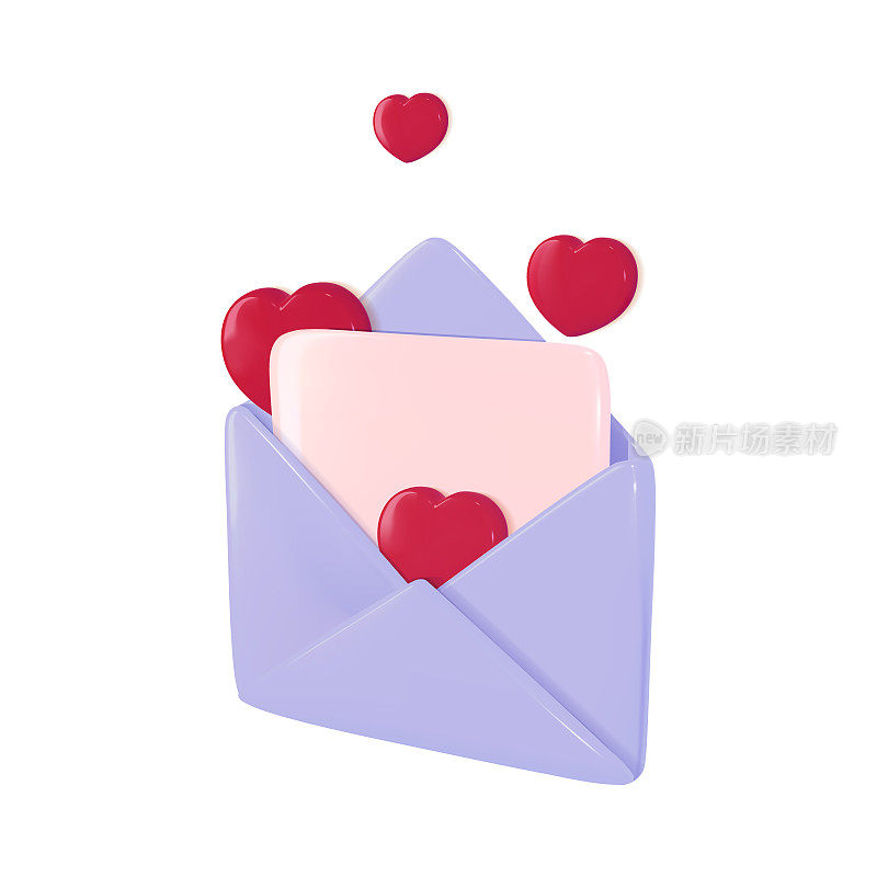 情书邮件作为情人节或母亲节的礼物或问候。三维红心卡片装在打开的纸信封里。生日快乐礼物或婚礼邀请电子邮件图标。白色背景上的动画模板