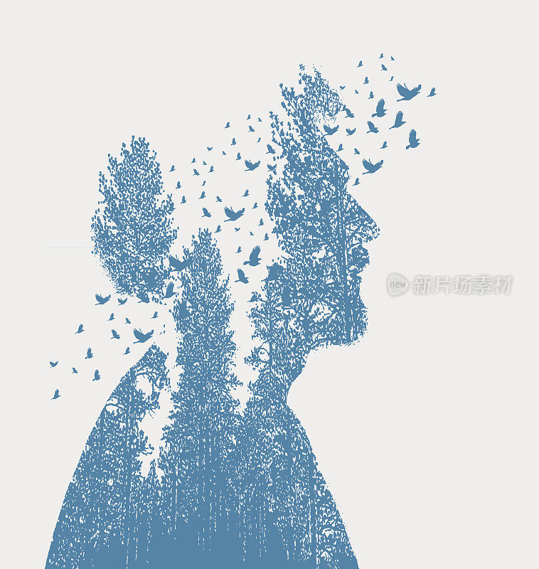 印第安人,树木和鸟类