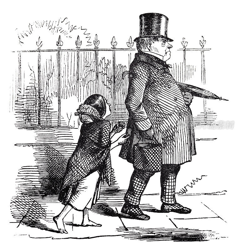 小女孩光着脚向一个胖老头乞讨一份温和的礼物，侧视图，戴着风帽的男人