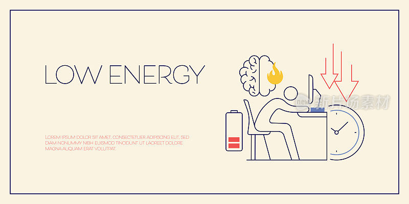 低能量相关矢量概念插图。疲惫，劳累，过度工作，压力。