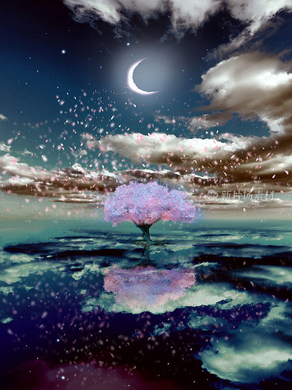 神秘的幻想背景插图，樱花盛开的树上升到海面和暴风雪的花反映在海面上。