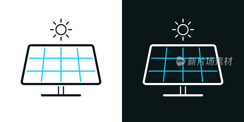 带有太阳的太阳能电池板。黑色或白色背景上的双色线图标-可编辑的笔画