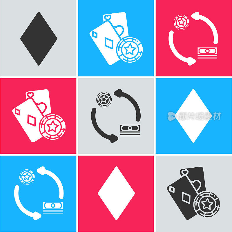 集扑克与钻石符号，赌场芯片和打牌和赌场筹码交换上的美元图标堆栈。向量