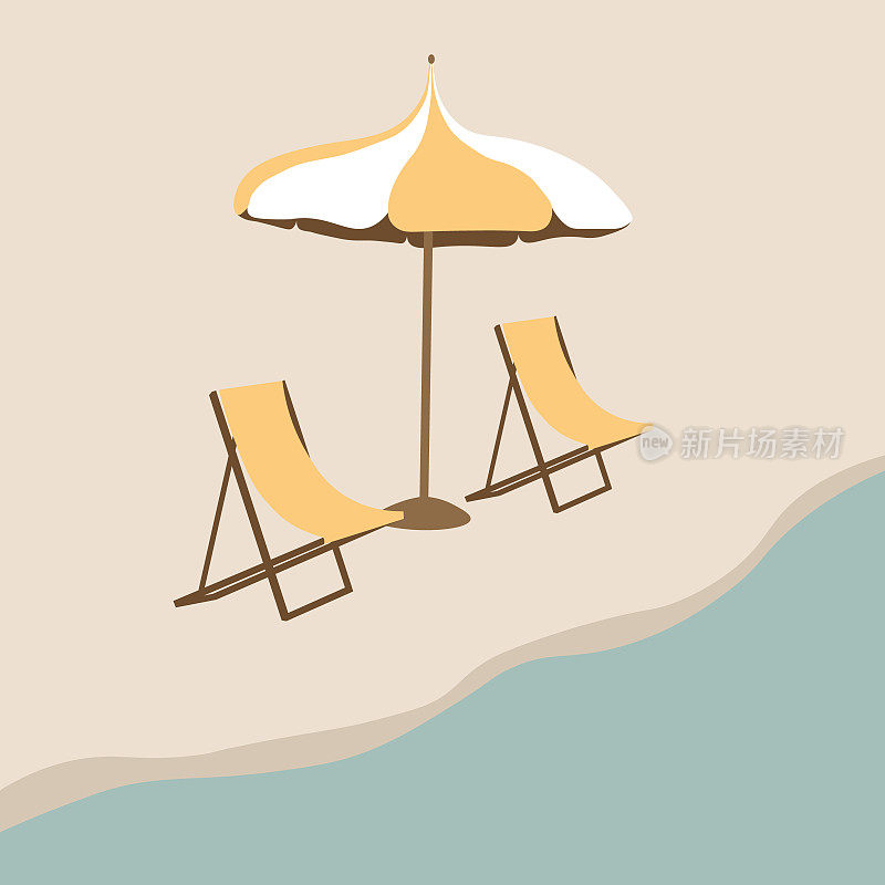 海滩。度假胜地的日光躺椅，雨伞和海岸线与水的插图。背景模板没有人与海，海洋，湖泊。晴朗的天气和平静的海水。卡通矢量插图