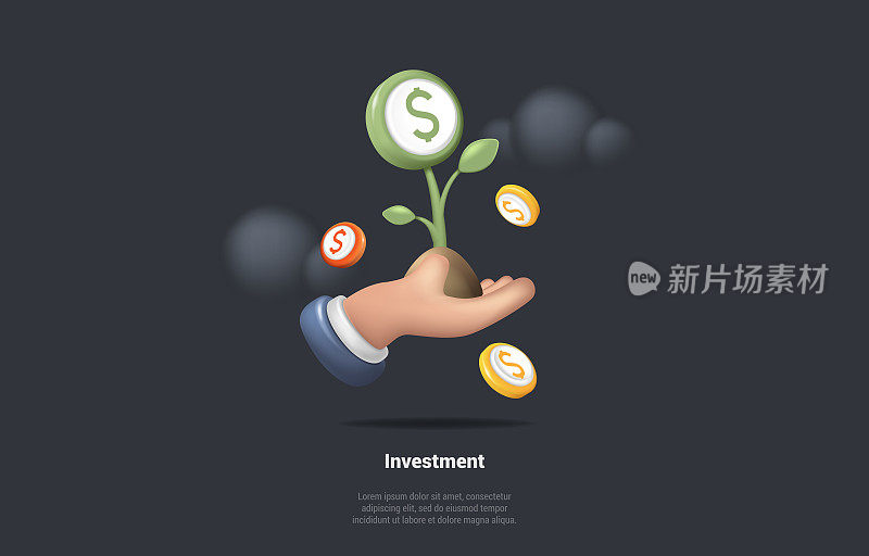 投资与增资的概念。手拿着绿色植物的嫩芽，象征着成功的投资和对利润的期望。3D渲染卡通逼真矢量图