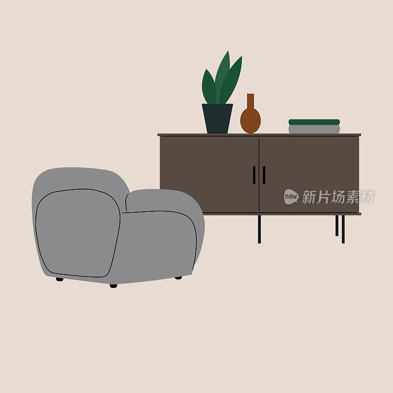 扶手椅和五斗橱。插图一个现代的内部，安乐椅，极简主义的橱柜，室内植物，书籍。用来休息和放松的软垫家具。生活风格，室内设计。向量